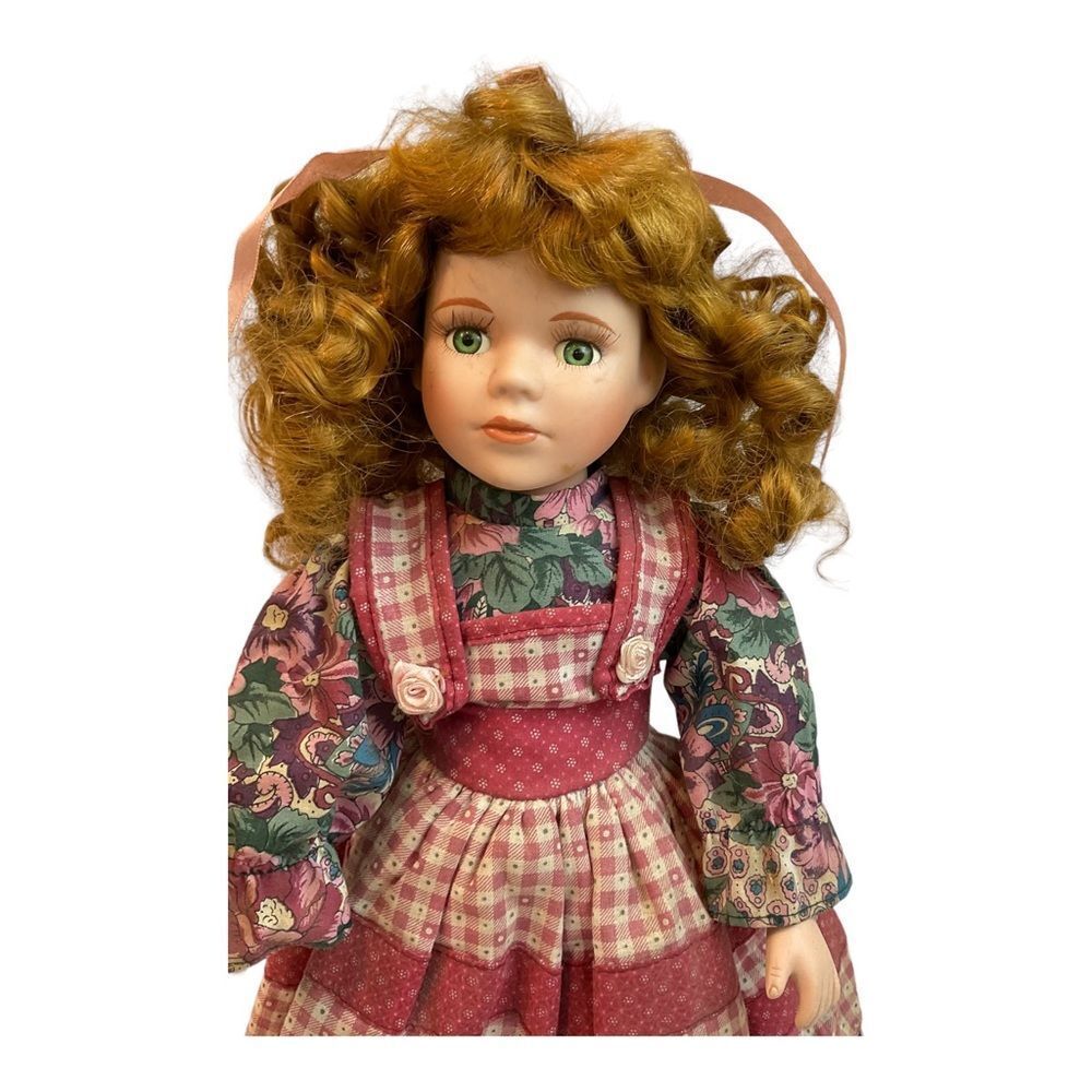 Vintage Porcelain Doll, Blonde Girl, Pink Flower Dress, Green Eyes Tall 15”. - Picture 2 of 16